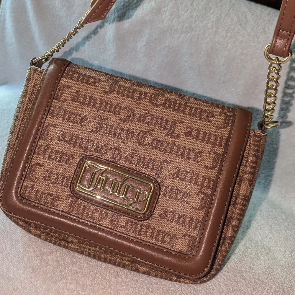 Juicy Couture  Gothic Logo Chestnut Chino statement flap crossbody bag.